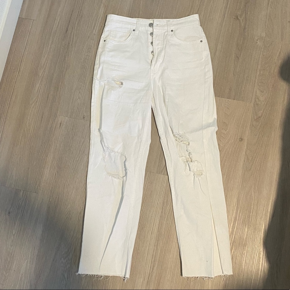 Distressed white denim high waist pants